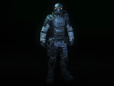 Man in full protective suit with helmet and breathing apparatus standing against dark background 3d model