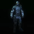 Man in full protective suit with helmet and breathing apparatus standing against dark background