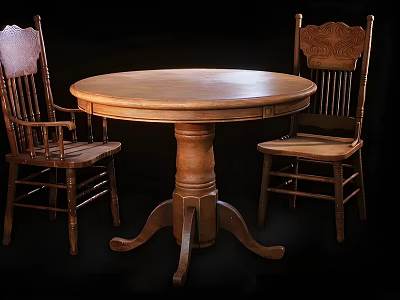 Traditional Rustic Wooden Round Dining Table Set With Carved Chairs 3d model