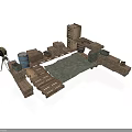 Modern Outdoor Setup With Wooden Crates Plank Platform Oil Drum And Searchlight
