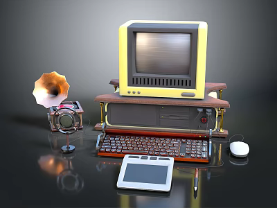 Vintage Computer Setup With Typewriter Gramophone Tablet Mouse And Pen 3d model