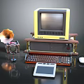Vintage Computer Setup With Typewriter Gramophone Tablet Mouse And Pen