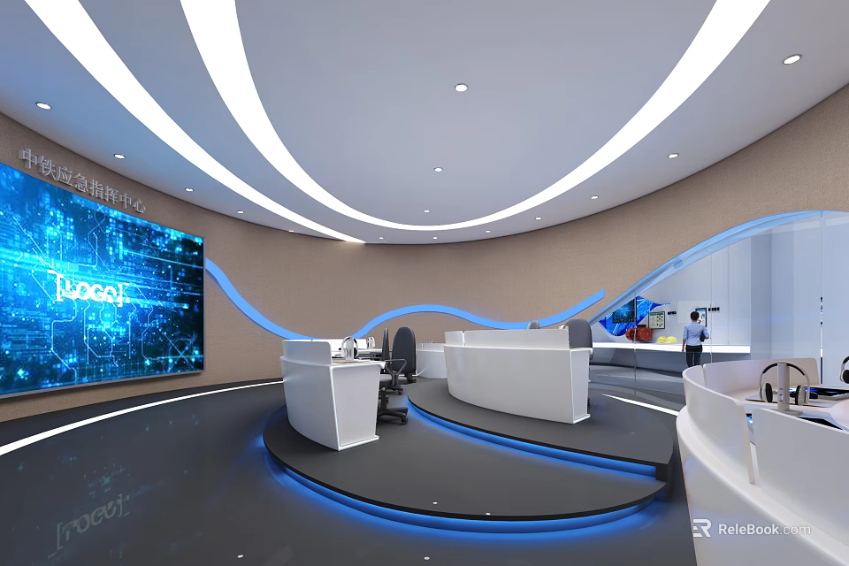 Modern Monitoring Room Interior Design With Large Digital Screen And Curved Control Desks 3d model 