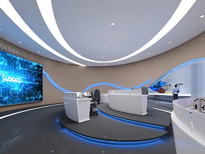 Modern Monitoring Room Interior Design With Large Digital Screen And Curved Control Desks 3d model