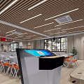 School Multipurpose Room with White Orange Chairs Large Screens Wooden Strip Ceiling and Lighting
