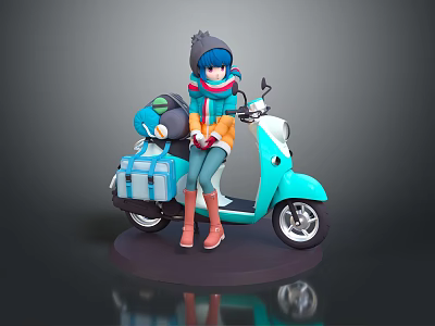 Blue Haired Character In Orange Coat Red Boots With Creature Riding Light Blue Scooter 3d model