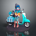 Blue Haired Character In Orange Coat Red Boots With Creature Riding Light Blue Scooter