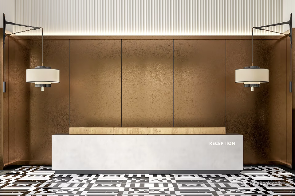 Modern Reception Desk With White Countertop Wooden Top Hanging Lamps And Black White Checkered Floor 3d model 