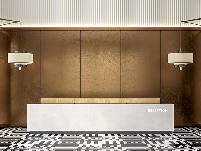 Modern Reception Desk With White Countertop Wooden Top Hanging Lamps And Black White Checkered Floor 3d model