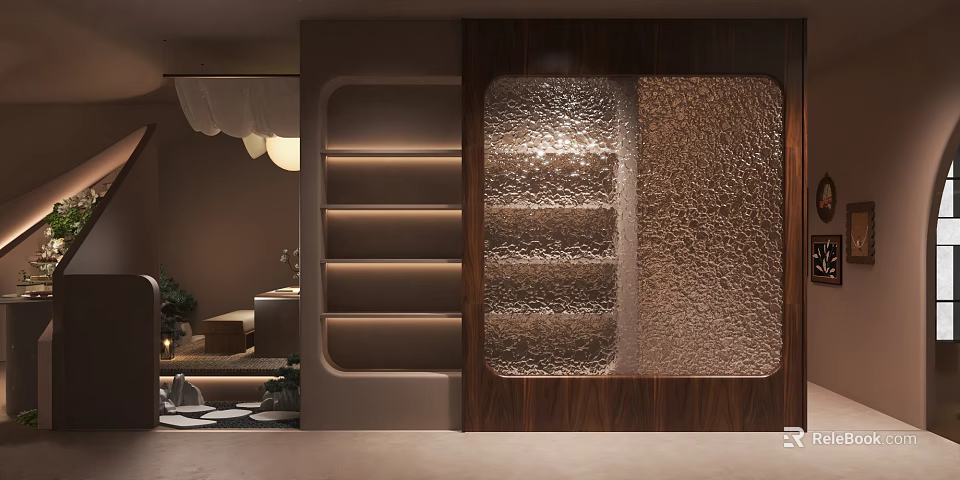 Modern Wooden Shelving Unit With Textured Glass Panels In Interior Design 3d model 