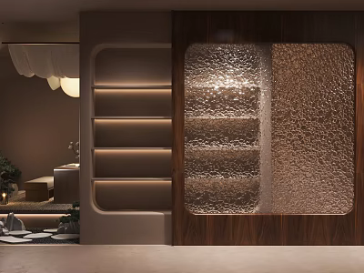 Modern Wooden Shelving Unit With Textured Glass Panels In Interior Design 3d model