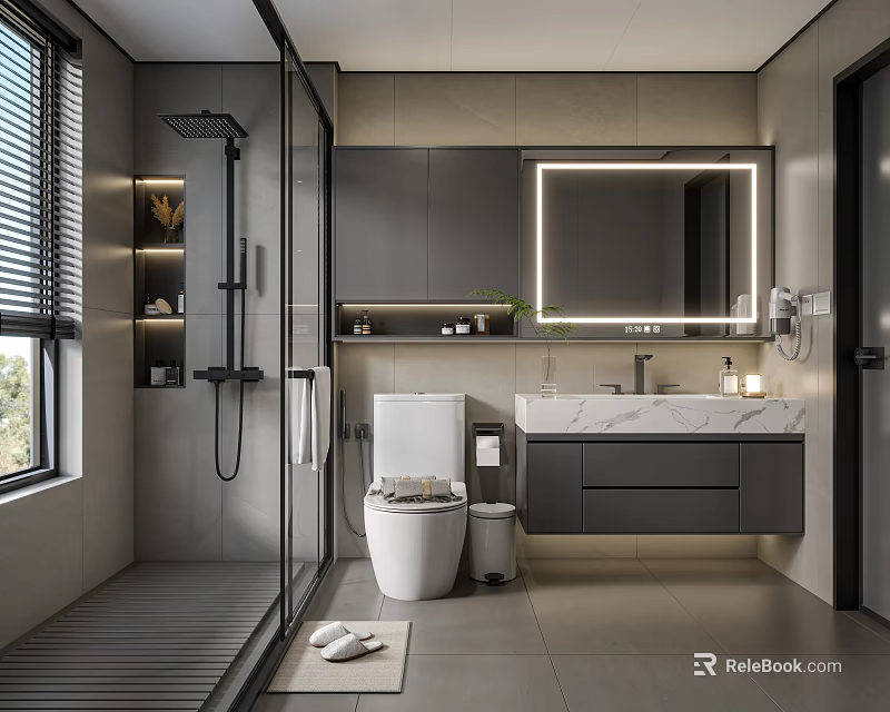 Modern Bathroom Interior With Glass Shower Partition Marble Countertop And Backlit Mirror 3d model 