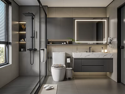 Modern Bathroom Interior With Glass Shower Partition Marble Countertop And Backlit Mirror 3d model