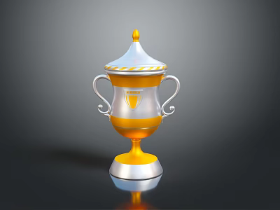 Silver And Yellow Decorative Household Trophy With Curved Handles And Spire Top 3d model