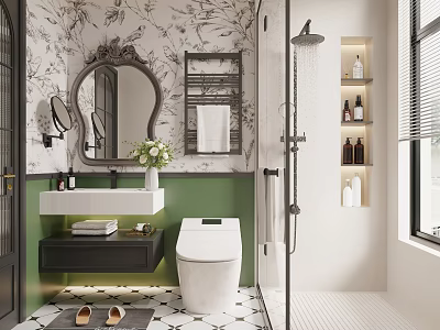 Modern Bathroom With Black White Floral Wallpaper Green Wall Oval Mirror White Toilet And Shower 3d model