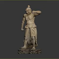 Man in wooden sculpture with standing pose one hand raised near head and carved base