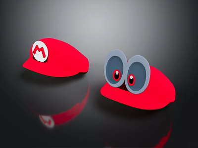 Red Hats With White M Logo And Big Eyes Design On Black Background 3d model