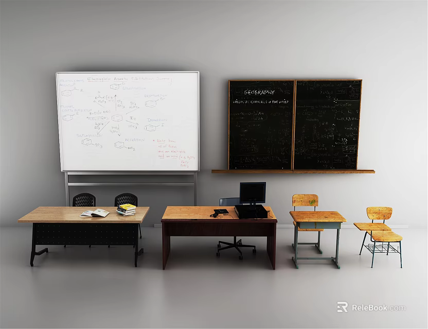 Classroom Wall Hangings With Whiteboard Blackboard Desks And Chairs Setup 3d model 