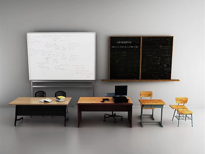 Classroom Wall Hangings With Whiteboard Blackboard Desks And Chairs Setup 3d model
