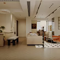 Modern Living And Dining Room Open Concept With Beige Sofa Round Coffee Table Pendant Lights