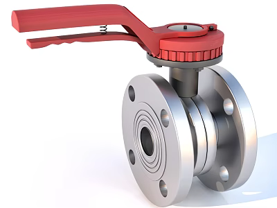 Industrial Ball Valve With Red Handle And Silver Flanged Metal Body Structure 3d model