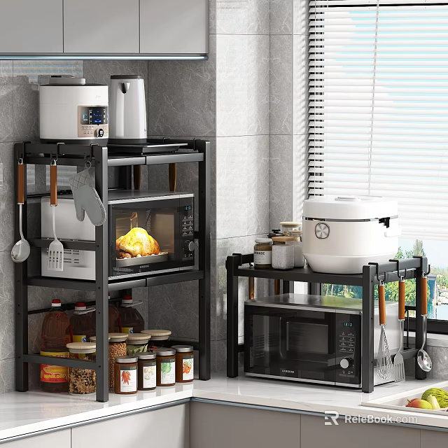 Modern Black Kitchen Storage Shelves With Microwave Rice Cooker And Utensils 3d model 