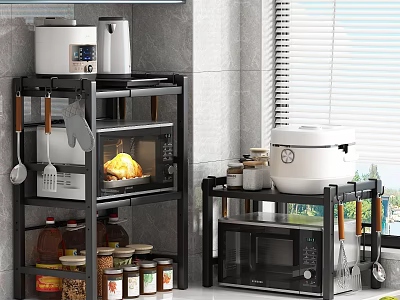 Modern Black Kitchen Storage Shelves With Microwave Rice Cooker And Utensils 3d model