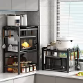 Modern Black Kitchen Storage Shelves With Microwave Rice Cooker And Utensils