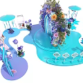 Interactive Area Featuring Floral Decorations Blue Theme Stage And Umbrella Decorations 3d model