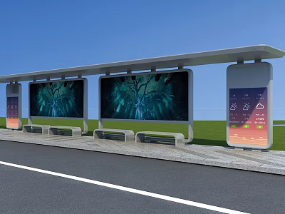 Modern Bus Stop Shelter With Large Screens Showing Tree Images Benches And Weather Info 3d model