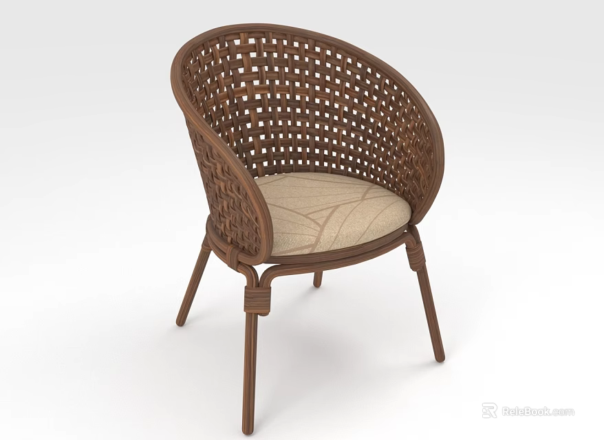 Modern Brown Wicker Leisure Chair With Beige Cushion And Wooden Legs 3d model 
