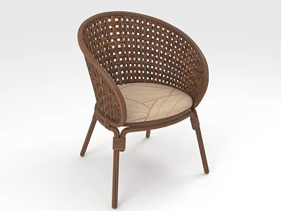Modern Brown Wicker Leisure Chair With Beige Cushion And Wooden Legs 3d model