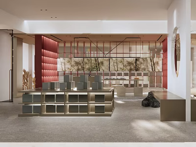 Stylish Modern Retail Store Interior With Open Display Shelves And Red Accent Walls 3d model