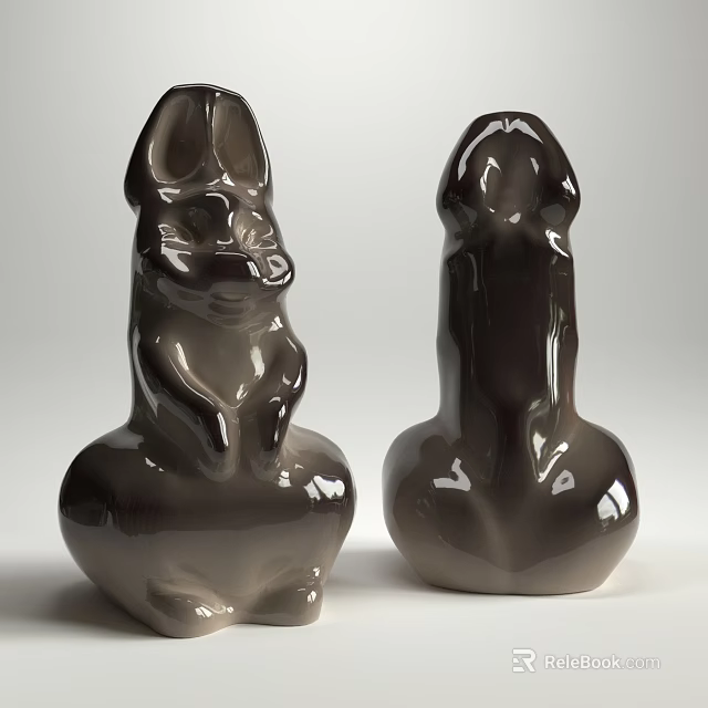 Two Piece Dark Gray Ceramic Rabbit Shaped Decorative Ornament Set With Smooth Glossy Surface 3d model
