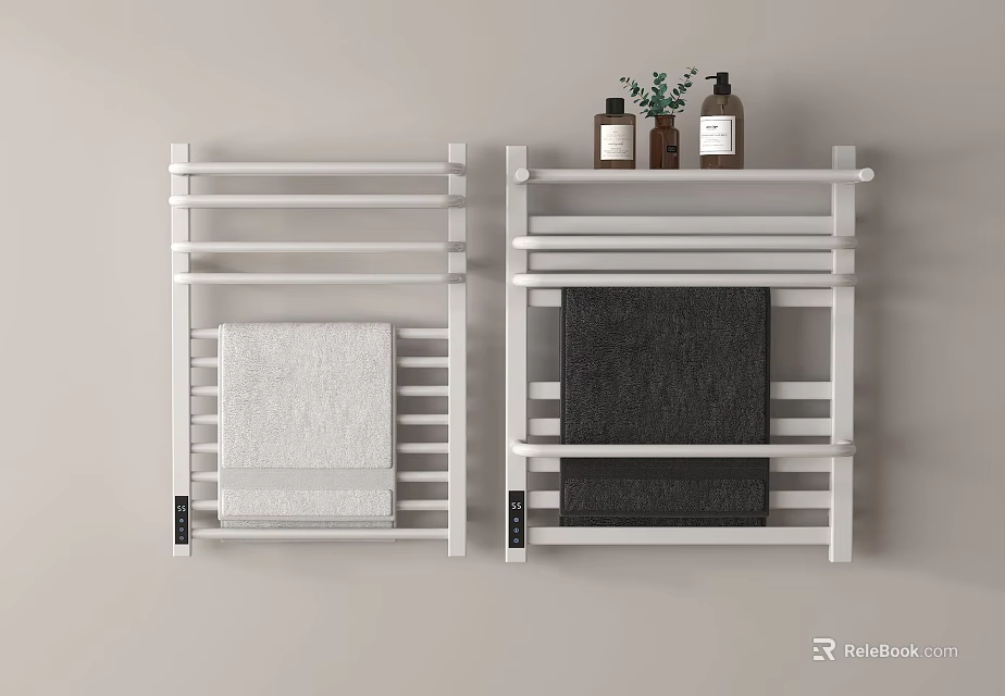 Modern Wall Mounted Bathroom Cabinet Rack With White And Black Towels And Bottles 3d model 