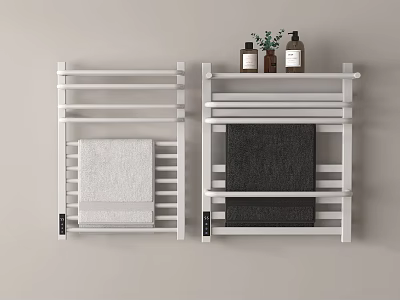 Modern Wall Mounted Bathroom Cabinet Rack With White And Black Towels And Bottles 3d model