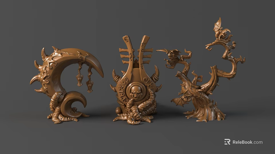 Intricate Golden Sculptures with Various Ornate Artistic Shapes and Decorative Details 3d model 