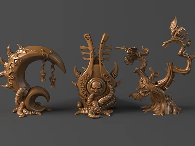 Intricate Golden Sculptures with Various Ornate Artistic Shapes and Decorative Details 3d model