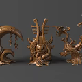 Intricate Golden Sculptures with Various Ornate Artistic Shapes and Decorative Details
