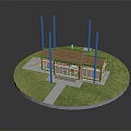 Small Brick Building With Red Tile Roof Chimneys Green Grass And Pathway