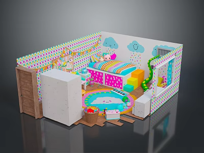 Colorful Kids Room Interior With Circular Play Mat Bed And Cloud Decor 3d model