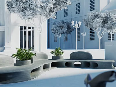 Modern Curved Outdoor Chairs In Patio With Plants And Buildings 3d model