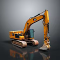 Yellow CAT Excavator With Tracks And Front Bucket On Reflective Surface 3d model