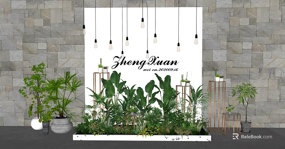 Interior Floral Display With Lush Green Plants Hanging Light Bulbs And Metal Stands 3d model 