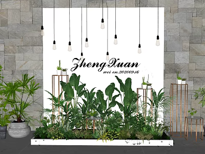 Interior Floral Display With Lush Green Plants Hanging Light Bulbs And Metal Stands 3d model