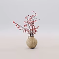 Beige Ceramic Vase With Red Berries Branches On White Background 3d model