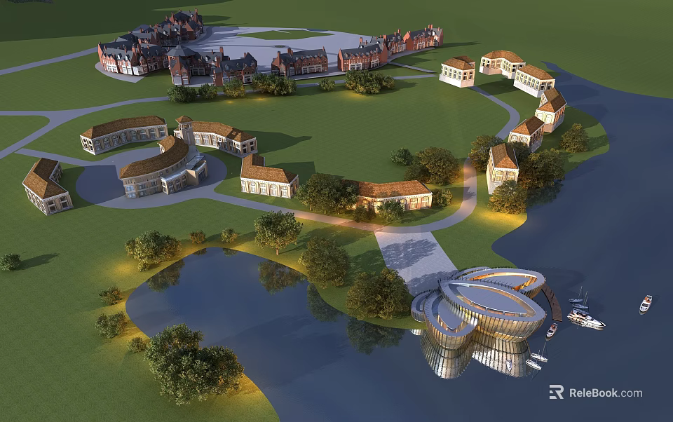 Birds Eye View Planning of Modern Buildings Green Spaces Waterfront with Pathways and Layout 3d model 