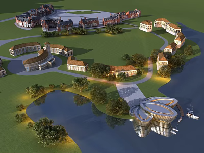 Birds Eye View Planning of Modern Buildings Green Spaces Waterfront with Pathways and Layout 3d model