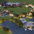 Birds Eye View Planning of Modern Buildings Green Spaces Waterfront with Pathways and Layout