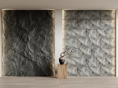 Modern Decorative Textured Background Wall With Dark Light Pattern And Wooden Base Vase 3d model